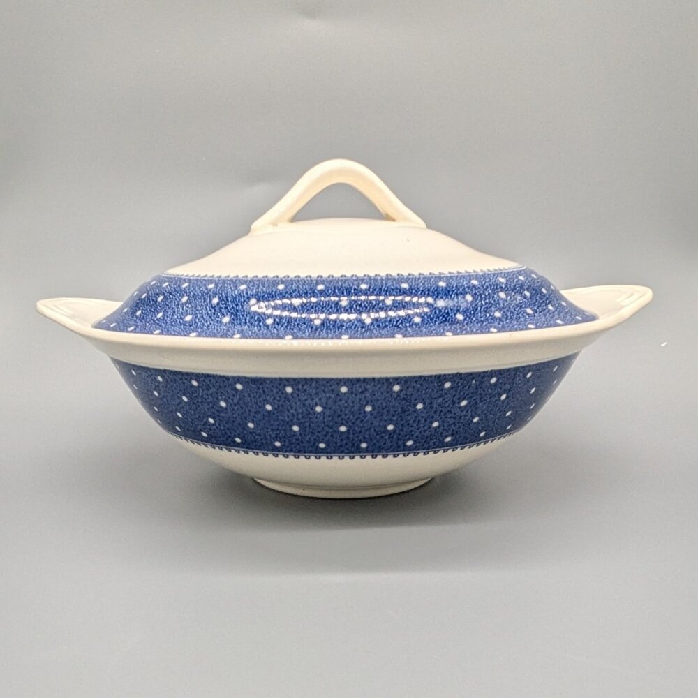 Vintage Ridgway Conway Blue Round Covered Vegetable White Dots Some Crazing